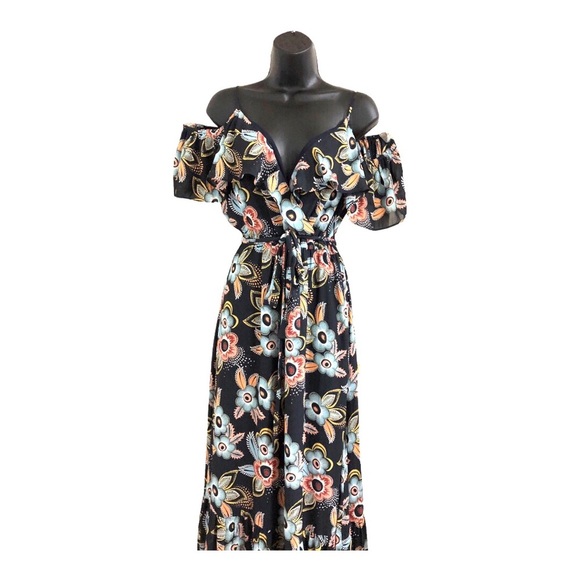 Loft Cold shoulder wrap style v-neck belted dark floral maxi dress size small - Picture 13 of 15